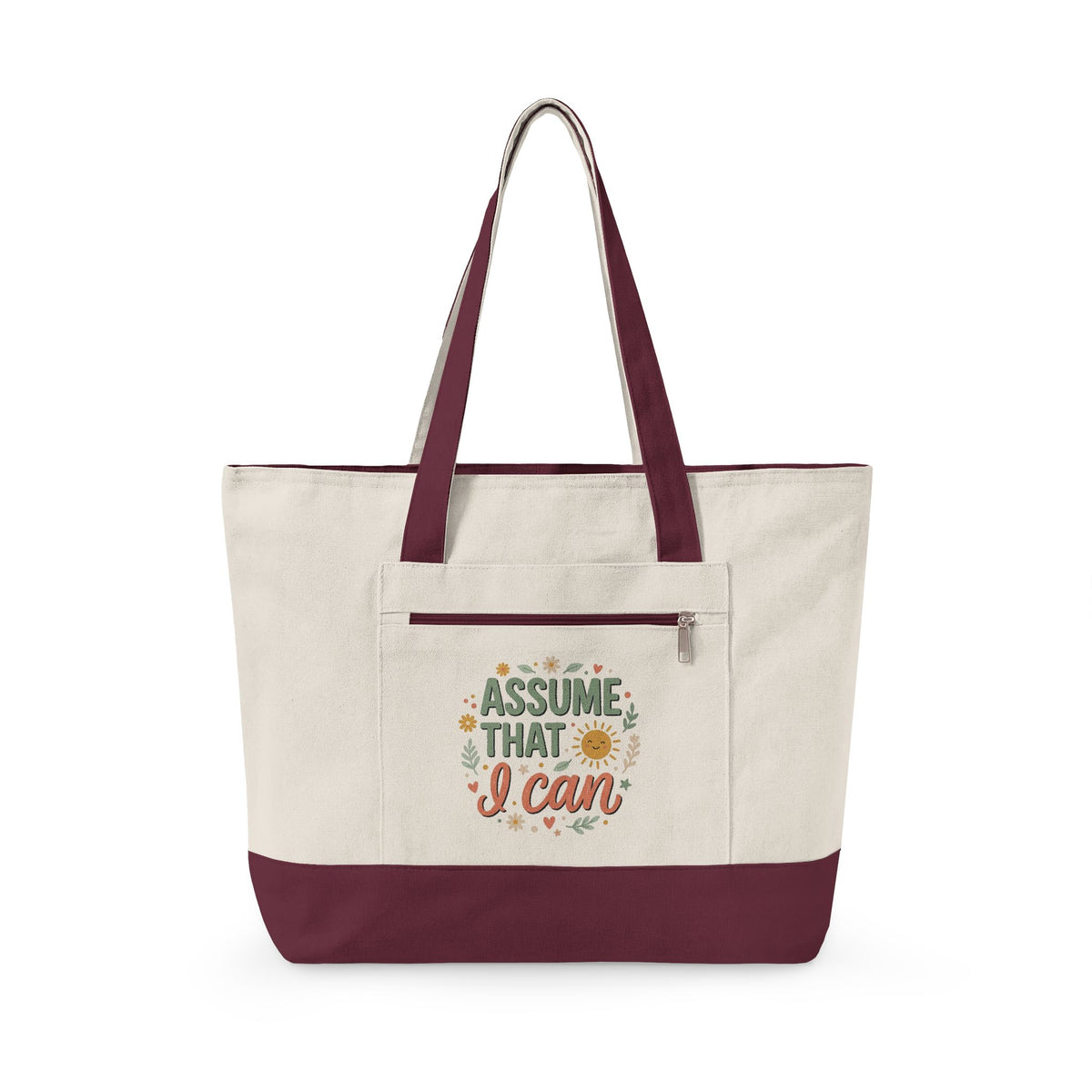 Canvas Tote Bag — “Assume That I Can” Motivational Zippered Tote