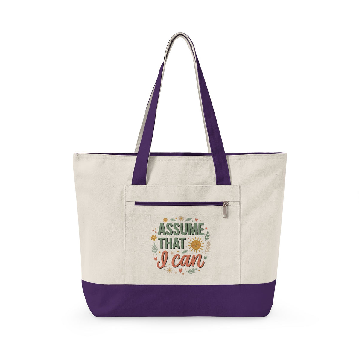 Canvas Tote Bag — “Assume That I Can” Motivational Zippered Tote